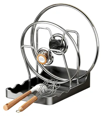 Produktbild von Topfdeckel-Organizer, Topfdeckelhalter für die Küche, Löffelablage Aufbewahrungsregal mit herausnehmbarem Tablett, multifunktionaler Löffel- und Topfdeckelhalter für die Küchenorganisation