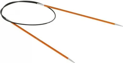 A pair of circular knitting needles with orange wooden needles and a black cable, isolated on a white background.
