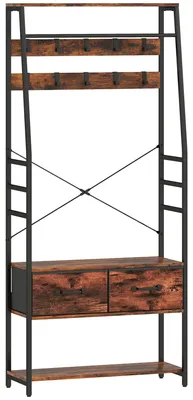 Image de Armoire avec étagère à chaussures, banc et porte-manteaux. Couleur : marron et noir. Dimensions : 80 x 30 x 180 cm
