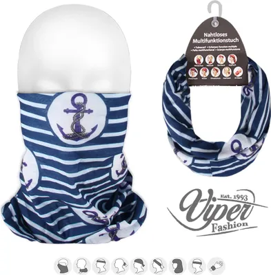 Produktbild von Multifunktionstuch 9 - Gesichtsmaske Schlauchschal Mund Nase Maske Halstuch Maritim blau-weiß Anker