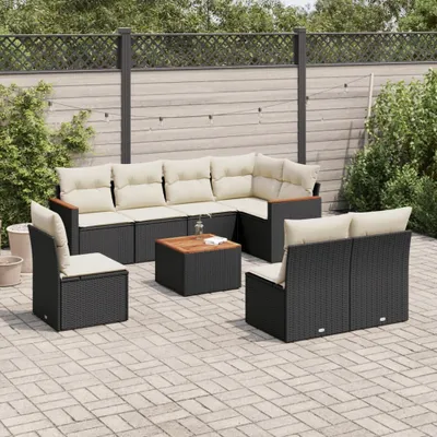 Produktbild von Design 9-tlg. Garten-Sofagarnitur mit Kissen Schwarz Poly Rattan, Gartenmöbel-Sets 2024 Neu