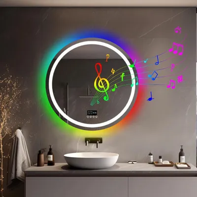 Obrázek produktu pro Vrygle LED koupelnové zrcadlo kulaté 60 cm RGB – změna barev, stmívatelné, 4 dotykové spínače, proti zamlžení, paměťová funkce, nástěnné zrcadlo