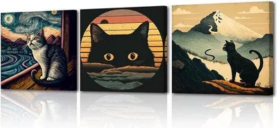 Produktbild von Schwarze Katze Druck-Canvas 3er-Set - Tier-Canvas HD-Foto - Wanddekoration moderne Fotos - 30 x 30 cm - Holzrahmen - Badkammer Eßzimmer Büro