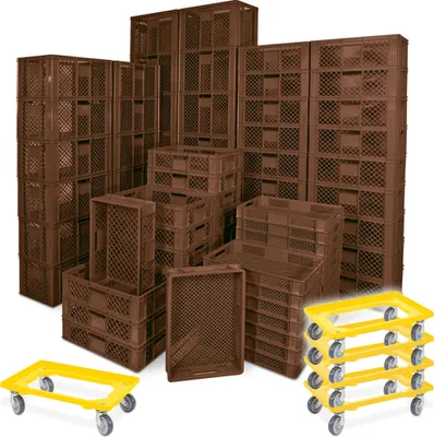 Produktbild von 78 Stück Stapelkörbe/Bäckerkästen in 5 Größen, Grundmaß LxB 600 x 400 mm, H 90 mm, 150 mm, 240 mm, 320 mm, 410 mm, Farbe braun + 5x Transportroller, gelb