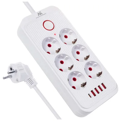 Produktbild von Maclean Steckdosenleiste 6-fach Verlängerungskabel + 4xUSB 110-240V AC 50/60Hz 2,1A max 2500W 1,5 m weiß MCE389 W