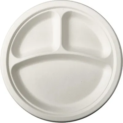Produktbild von PAPSTAR 12 Teller, Zuckerrohr "pure" 3-geteilt Ø 23 cm · 2 cm weiss | Schrumpffolie (12 Stück)