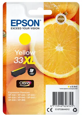 Obrázok produktu pre Epson Oranges Jednofarebný atrament Claria Premium 33XL pomaranče Yellow, Vysoký (XL) výnos, Žltá, Atrament na pigmentovej báze, 8,9 ml, 1 kusov, 650 strany