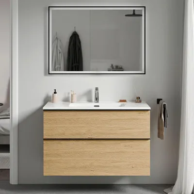 Produktbild von Waschtischunterschrank LAVOA 80 cm mit Waschbecken - Farbe wählbar, Farbe Badmöbel:Eiche Honiggold, Waschbecken:Weiß glänzend, Metallgriff:Chrom
