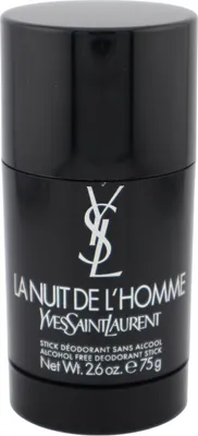Schwarzer Deodorant-Stick Yves Saint Laurent La Nuit De L’Homme mit weißem Logo und Schriftzug, alkoholfrei, 75 g.