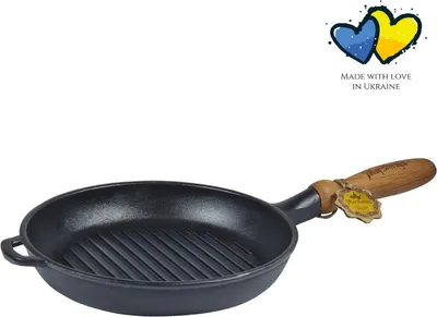 Produktbild von Gusseisen Grillpfanne mit Holzgriff - ø 24 x 4 cm - Induktion - Gusseisen - Grillen - Professionelle Pfanne - Küchengeschenk - PFAS-frei - Schwarz