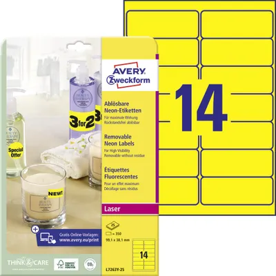 Obrázok produktu pre Avery L7263Y-25, Žltá, Samolepiaci štítok, A4, Papája, Laser, Odnímateľné