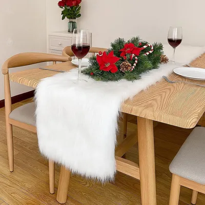 Zdjęcie produktu dla Bieżnik na stół z materiału imitującego futro, nowoczesny, biały, 30x180 cm