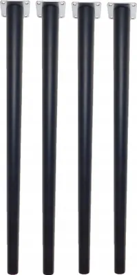 Four black table legs with silver mounting plates are arranged vertically against a white background.
