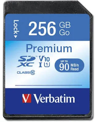 Obrázok produktu pre Verbatim Premium, 256 GB, SDXC, Trieda 10, UHS-I, 90 MB/s, 10 MB/s