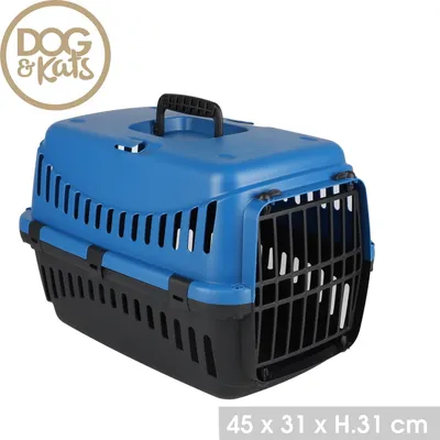A blue and black pet carrier is shown against a white background.