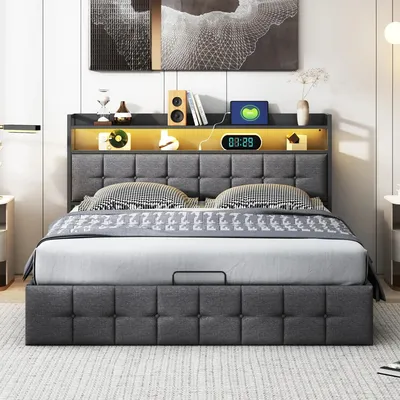 Zdjęcie produktu dla Łóżko tapicerowane – łóżko podwójne 140 x 190 cm – z schowkiem – drewniana rama – zagłówek – pościel