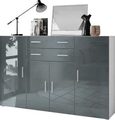 Produktbild von Vladon Highboard Aron Anrichte mit 2 Schubladen und 4 Türen mit insgesamt 8 Fächer dahinter, Weiß matt/Grau Hochglanz (166,5 x 106,5 x 35 cm)