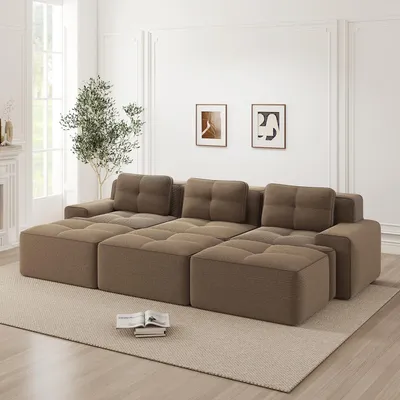 Image de Canapé d'angle modulaire sans structure avec fonction couchage et 3 poufs, en velours côtelé moelleux, canapé 3 places confortable pour le salon, marron