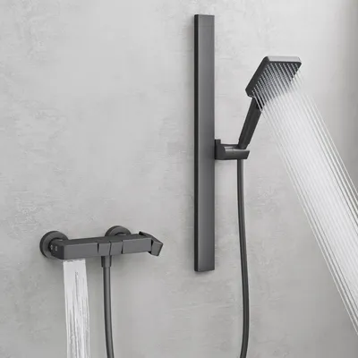 Produktbild von Mai & Mai Duschsystem mit Regendusche Duschkopf 3 Strahlarten höhenverstellbar Duschbrause mit Unterauslauf aus Aluminium Grau  Arvexa-02