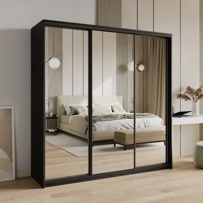Produktbild von Masseno Schiebetürenschrank RIEN 200/205/60 cm Kleiderschrank mit Schubladen Schlafzimmer Schrank 3-türig mit Spiegel Schwarz + Schwarz