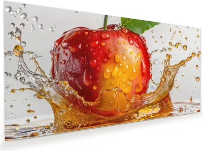 Produktbild von Glasbild 110x55cm in XXL für Wohnzimmer, Schlafzimmer Motiv Spritzender Apfel