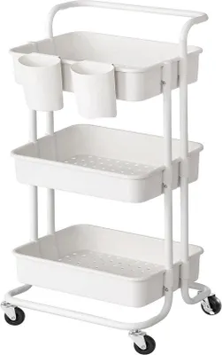 Produktbild von Famanu Mobiler Trolley mit 3 Ablagen - Mit Rädern, Griff und Kunststoffkörben - Weiß