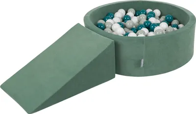 Produktbild von KiddyMoon spielplatz velvet aus schaumstoff mit samt rund bällebad bällebad (200 bälle) + zwickel ballgruben für babys spielbad hindernisläufen, hergestellt in der eu, waldgrün: dunkeltürkis/grüngrau/