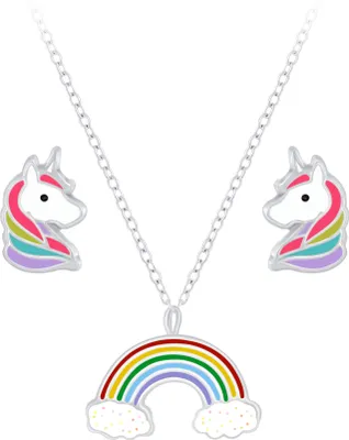 Produktbild von Kinder Silber Regenbogen Halskette und Ohrringe mit Einhorn