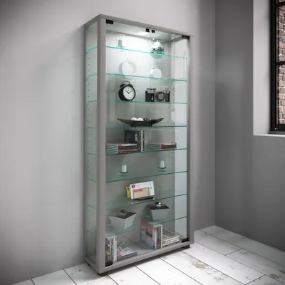 Produktbild von VCM Holz Glas Vitrine Sammelvitrine Glasvitrine Schaukasten Standvitrine Lumo Maxi Silber
