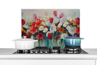 Obrázok produktu pre MuchoWow® Splashback Kuchyňa - Kuchynský backsplash - Ochrana steny pre sporák a drez Maľba - Olejomaľba - Kvety 60x40cm Alu-Dibond (alternatíva k