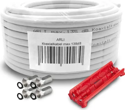 Produktbild von 50m ARLI Koaxialkabel – max. 135 dB 5-fach geschirmt UV-beständig + 4x F-Stecker & Abisoliermesser für DVB-S DVB-T2 4K HDTV