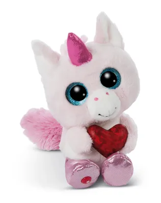 A plush unicorn toy holding a red heart.