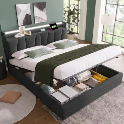 Immagine prodotto di Letto imbottito 140x190 cm, color grigio, con testiera contenitore, illuminazione LED, prese USB e Type-C, struttura del letto con rete a doghe e testiera regolabile