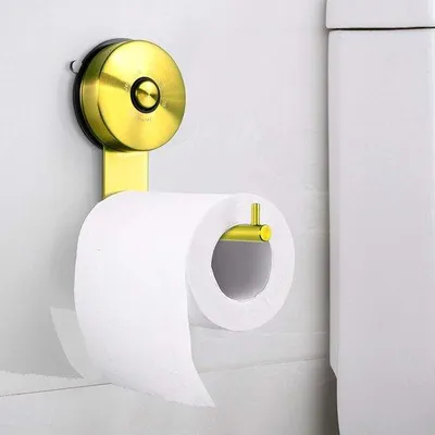 Image de Porte-papier hygiénique à fixation par ventouse, porte-papier hygiénique sans perçage, accessoire de salle de bains en acier inoxydable, couleur or