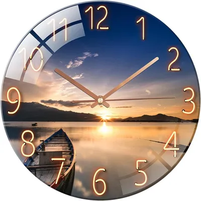 Produktbild von Wanduhr aus Glas 30cm Lautlos Nicht Tickend Dekorative Runde Wanduhr für Wohnzimmer Küche Schlafzimmer Flur Büro ((Sonnenuntergang))