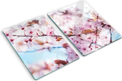 Produktbild von Tulup Glas Herdabdeckplatte - 2x40x52 cm - Glaskeramikkochfeld-Abdeckung Spritzschutz Glasabdeckplatte Kochplattenabdeckung und Schneidebrett - Zweiteilig - Blumen & Pflanzen - Kirschblüten - Rosa