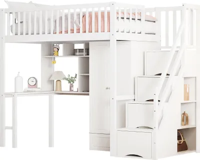 Produktbild von Hochbett,Kinderbett mit großem Kleiderschrank Regal und Tisch,Mit Grosse Stauraum,Treppe,Mehrzweckbetteinheit Holzbettgestell
