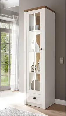 Produktbild von Vitrine im Landhausstil PISA-61 in Pinie weiß und Eiche hell, inkl. LED, B/H/T ca.: 50/198/43 cm