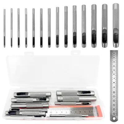 Obrázok produktu pre Sada na dierovanie, 14-dielna, s okrúhlymi otvormi s priemerom 1-10 mm, oceľová pravítko 15 cm, vhodné na kožu a textílie