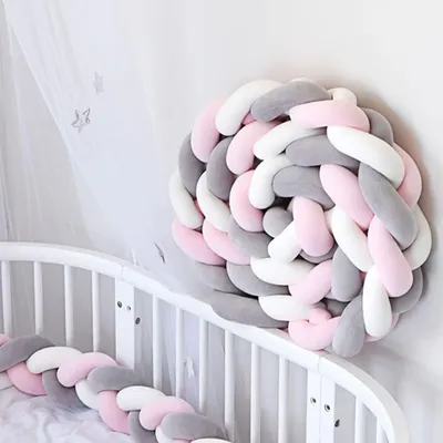 Produktbild von Welikera Bettschlange geflochten 200cm Nestchen Zopf - Babybett Stoßfänger Bettumrandung lang - Kopfschutz Zugluftstopper, Rosa+Weiß+Grau
