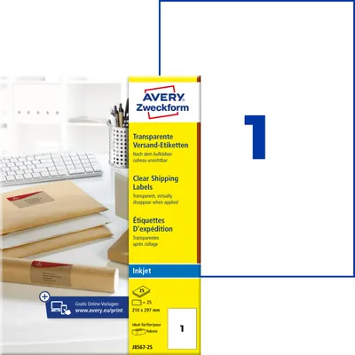 Productafbeelding van Avery Zweckform J8567-25 verzendetiketten, 210 x 297 mm, 25 vellen/25 etiketten, transparant