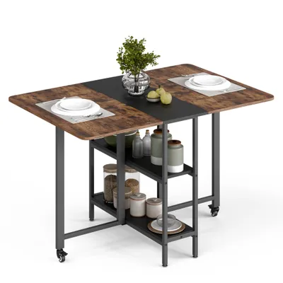 A folding dining table with shelves and wheels, set against a white background.