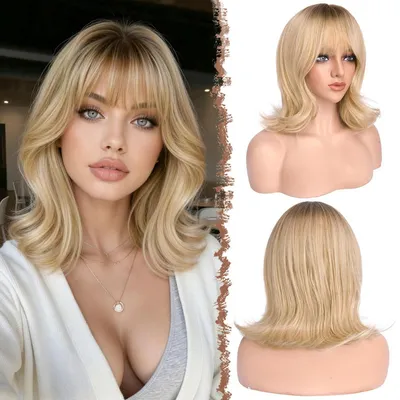 Obrázok produktu pre Bob paruka s ofinou, krátka, vlnitá, ombre, blond, syntetická, pre dámy