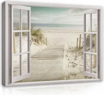 Produktbild von Leinwandbild Femster Strand 120x80 cm XXL Fensterblick Modern Canvas Bilder Leinwandbilder Schlafzimmer Wohnzimmer Wandbilder Kunstdruck Wand Bild auf Leinwand Aufhängefertig