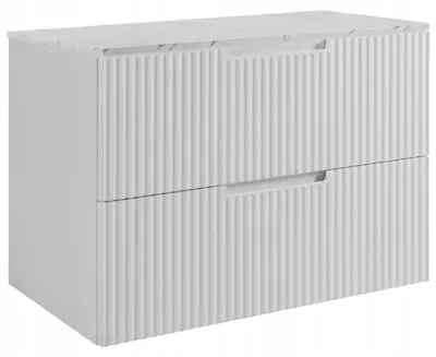 Produktbild von RODAN | Waschbeckenunterschrank 60 cm - Weiß - Geriffelte Fronten - Hängender Waschtisch - Soft-Close - Arbeitsplatte in Weißmarmoroptik