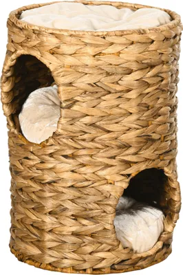 Produktbild von PawHut Kratztonne, 47 cm hoch Katzentonne mit 2 Höhle, Kratzbaum mit Kissen, Katzenturm aus Wasserhyazinthe, für Katze bis 3,5 kg, Hellbraun
