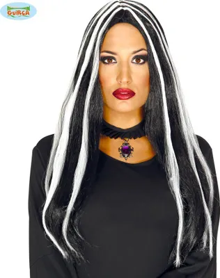 Immagine prodotto di Parrucca Strega Capelli Lunghi Look Halloween Con Accento Bianco Per Carnevale Motto Feste Costume Accessorio Utensile Elegante Misterioso, Colore: Nero