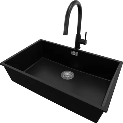 Produktbild von PRIMAGRAN Granitspüle Schwarz 76x47cm, Spülbecken 1 Becken + Küchenarmatur 40x20cm + Ablauf-Set, Küchenspüle ab 80er Unterschrank - London Slim