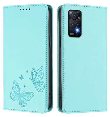 Produktbild von Lederhülle für Xiaomi Redmi Note 11 Pro 5G/4G/Note 12 Pro 4G, Schmetterling Prägung Leder Brieftasche Schutzhülle mit Ständer Türkis