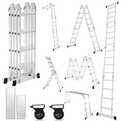 Obrázek produktu pro Peviasot 7v1, univerzální hliníková žebřík, 4x4 stupně, výška cca 470 cm / 4,7 m, skládací a kloubový žebřík s 2 platformami a transportními kolečky, maximální nosnost 150 kg